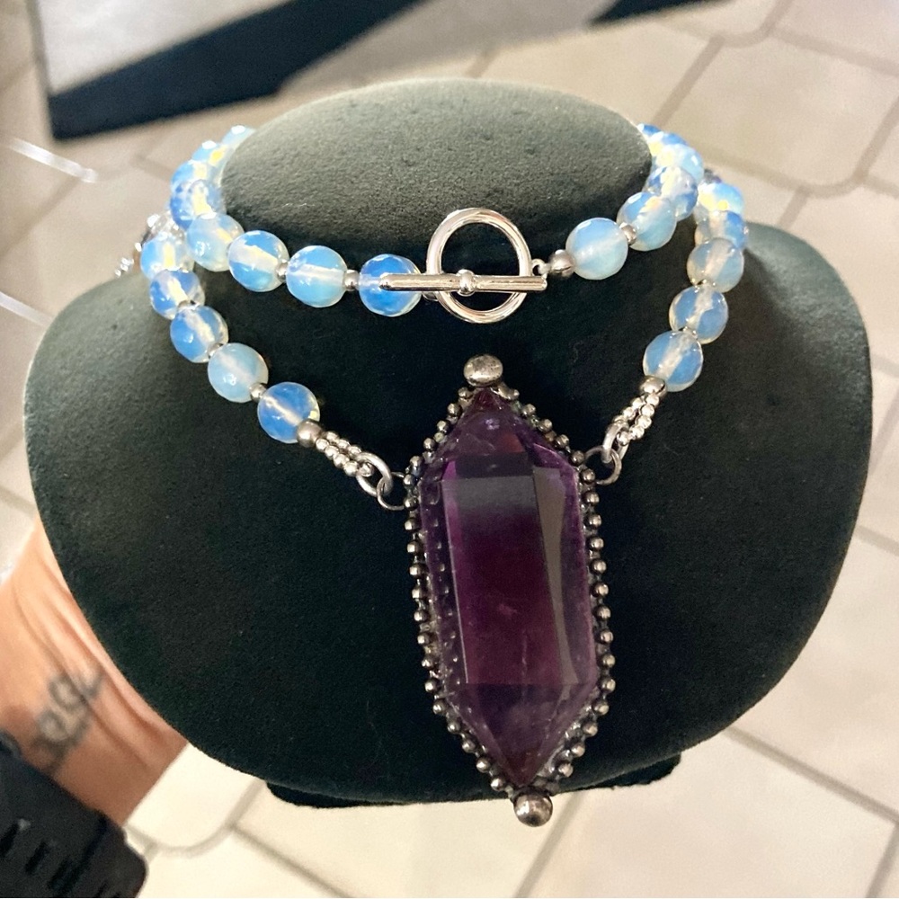 Amethyst , Herkimer diamonds crystal quartz & blue opalite beads boho necklace - Picture 12 of 16